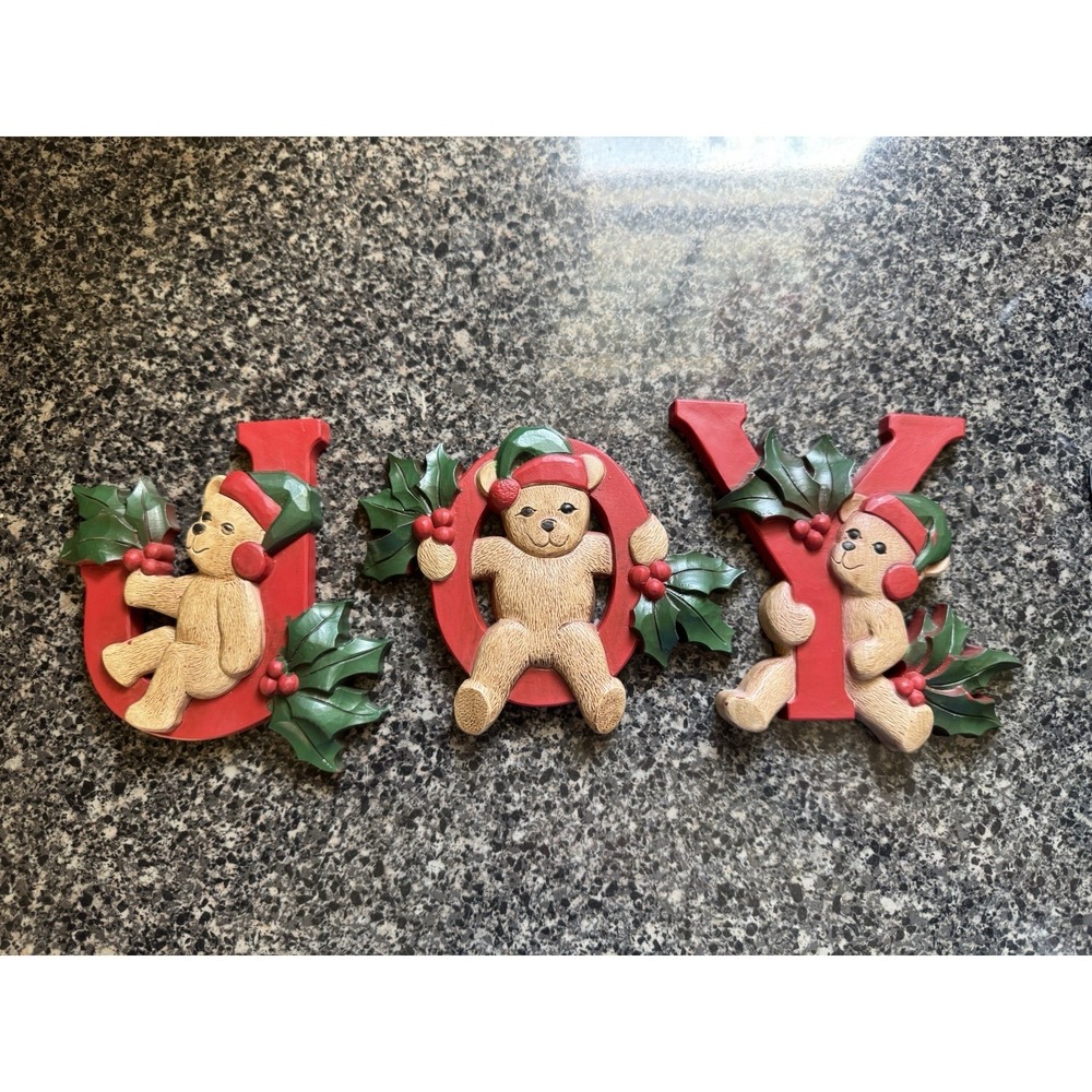 Vintage  Homco Christmas JOY Bears 3Pc Hanging Wall Plaques Decor Home Interiors
